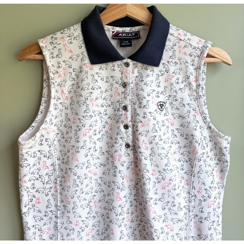 Ariat Sleeveless Polo Shirt Fox Print Cotton Blend White Navy Equestrian Golf L - Picture 2 of 10